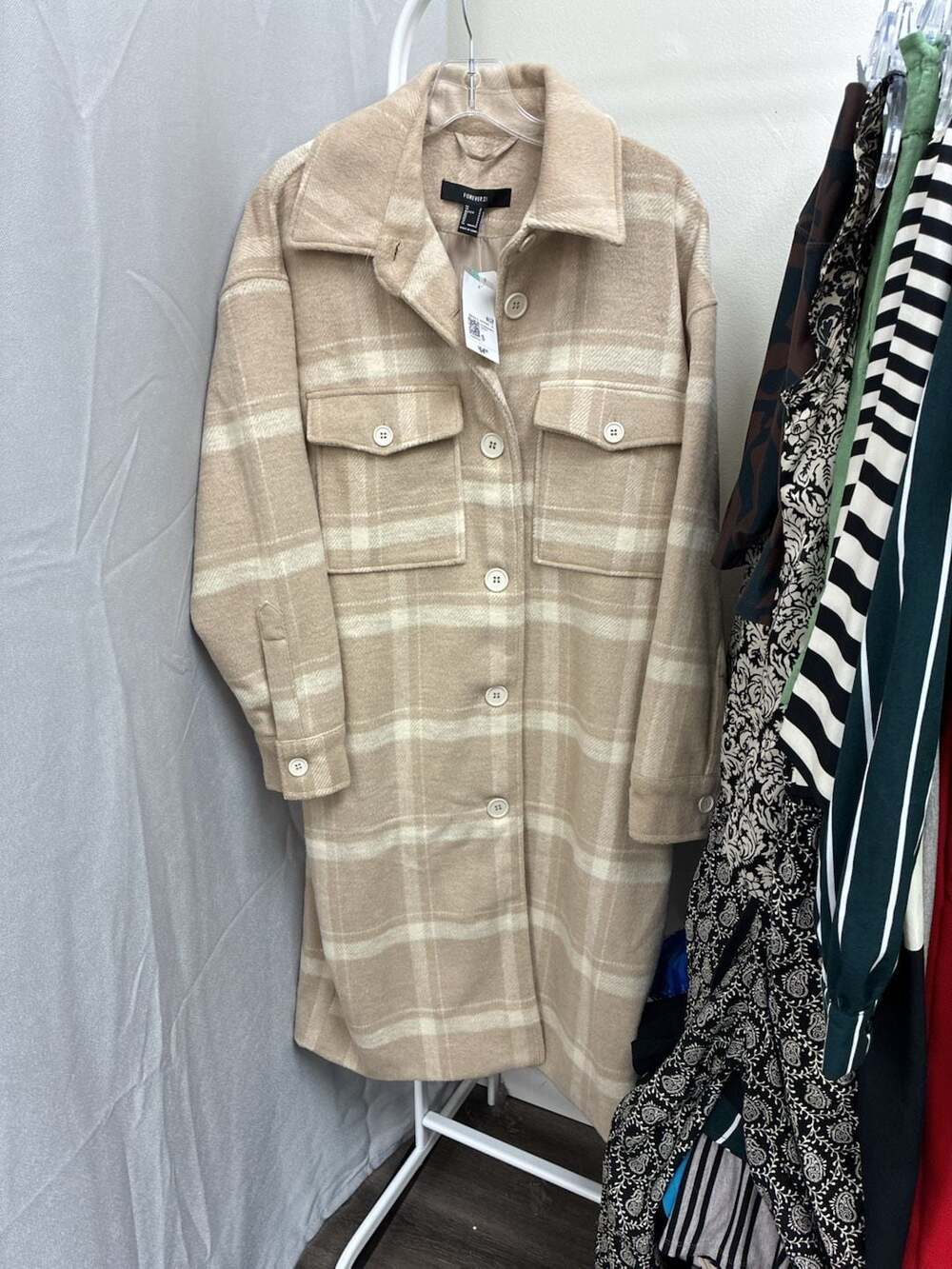 Forever 21 Long Shacket Size S Tan Plaid Button Front Coat